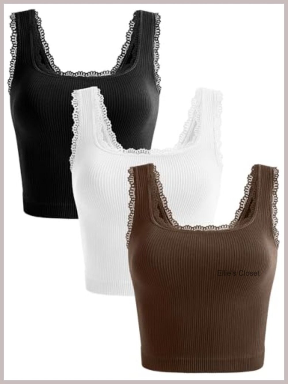 3 Pack Square Neck Lace Trim Ribbed Crop Tank Tops Sleeveless Cami
